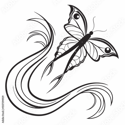 Elegant butterfly flying above flowing lines in black and white illustration