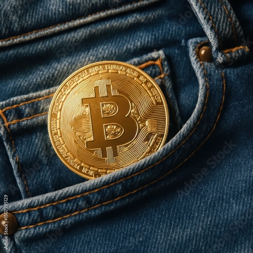 Wallpaper Mural Golden bitcoin coin resting in the pocket of blue denim jeans during daylight hours Torontodigital.ca