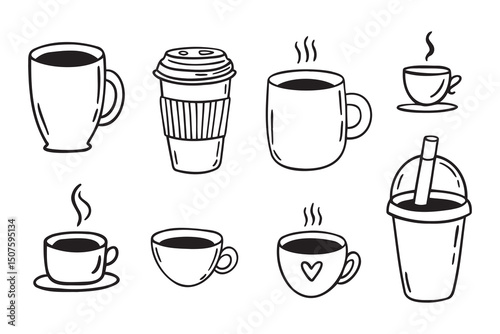 Coffee cups doodle set. coffee cup hand drawn line signs. Outline coffee cups