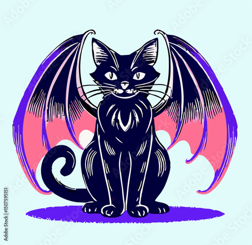 Gothic Black Cat with Pink & Purple Wings Illustration