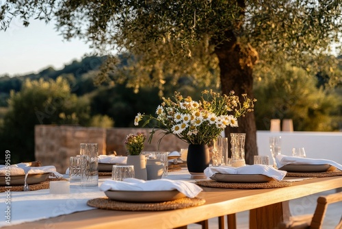Outdoor Dining Setup Featuring Flowers and Tableware in a Serene Landscape Du...