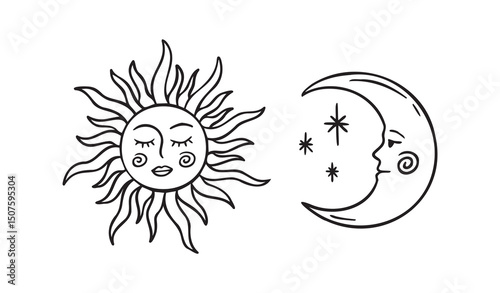 Moon and sun faces outline, set of beautiful mystical cartoon doodle elements, sunshine and crescent cosmic symbols. Sun and moon whimsical boho style