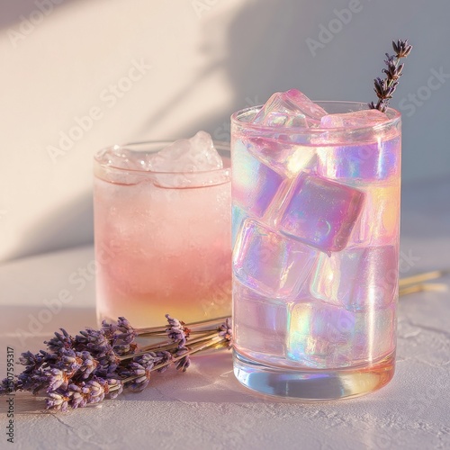 Refreshing Drinks With Lavender and Colorful Reflections in Bright Sunlight