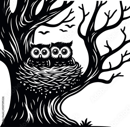 Two Owls Nesting in a Tree Silhouette