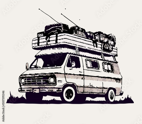 Vintage Camper Van with Roof Rack & Off-Road Vehicles