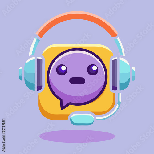3D Hotline support service with purple headphones and bubble message. Call center concept. Online user consultation. Chatbot for help and consumer questions. Cartoon design icon 