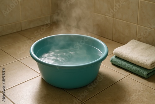 Wallpaper Mural Steam rising from a blue basin filled with hot water in a tiled bathroom space Torontodigital.ca