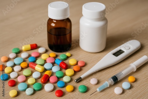 Wallpaper Mural Diverse array of medications and health tools on wooden surface for wellness Torontodigital.ca