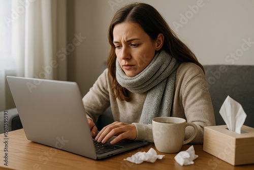 Wallpaper Mural Woman working on laptop while feeling unwell in cozy indoor setting during winter season Torontodigital.ca