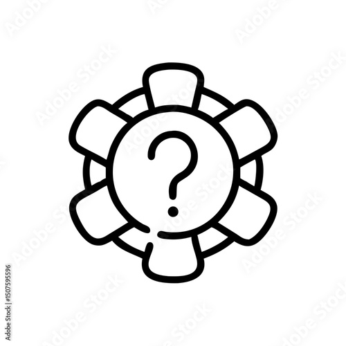 Line art gear icon with question mark in the center  