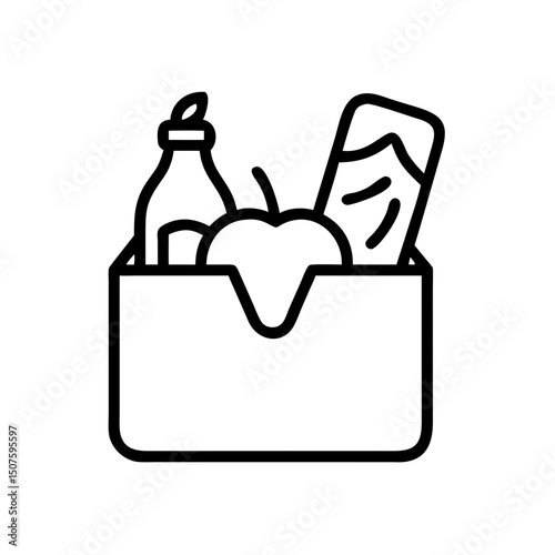 Box containing food items including apple, juice, and snacks  