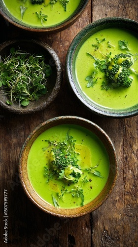 Green Broccoli Soup Served in Rustic Bowls With Fresh Herbs on a Wooden Table...