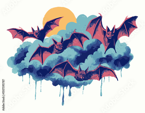 Four Bats Flying in a Cloud at Night, Moon