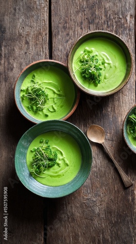 Green Broccoli Soup Served in Rustic Bowls With Fresh Herbs on a Wooden Table...
