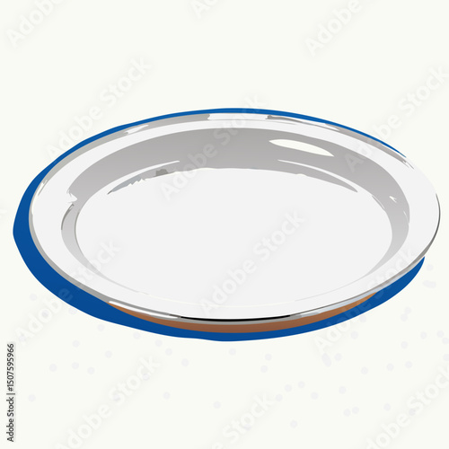 Empty White Plate with Silver Rim, Blue Background