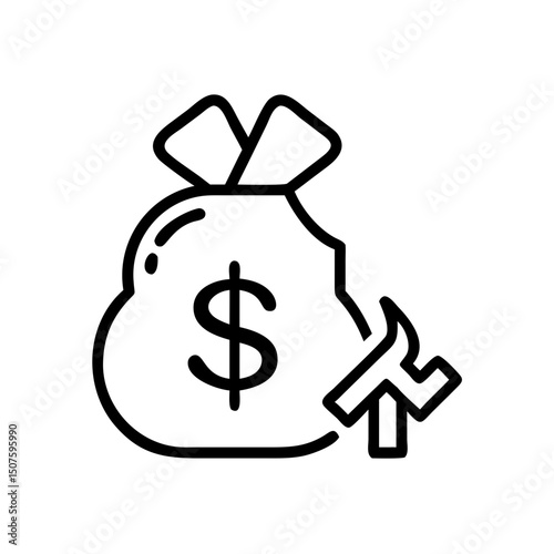 Money bag with dollar sign and hammer icon symbolizing bankruptcy  