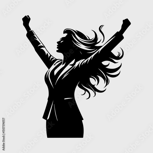 Victorious woman silhouette with arms raised in a gesture of success and celebration. Business concept