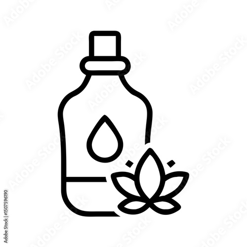 Essential oil bottle with droplet and lotus flower symbol