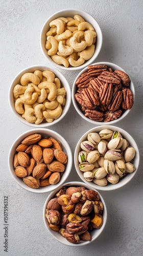 Variety of Nuts Displayed in Bowls on a Gray Surface for a Healthy Snack or C...