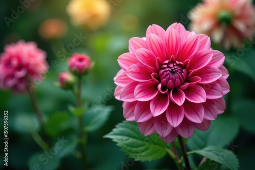Intricate dahlia blooms, vibrant petals, lush foliage, bud, colorful