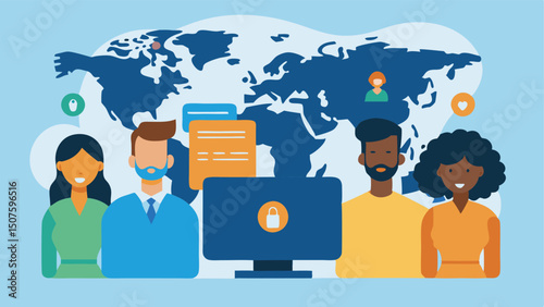 Diverse Teamwork A diverse group of five cybersecurity professionals huddled around a large computer screen displaying a world map with digital locks over various regions