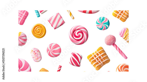 Delicious Candy Seamless Pattern Colorful Lollipops, Sweets, and Candies on Transparent Background