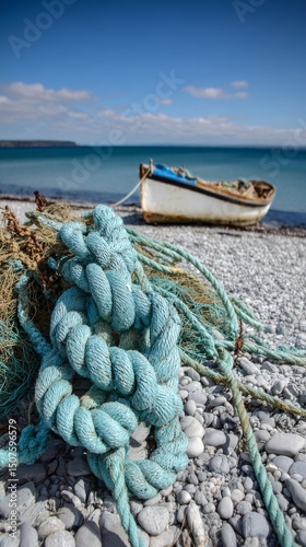 Rope Leads to a Boat on the Pebbled Shore of a Tranquil Blue Sea