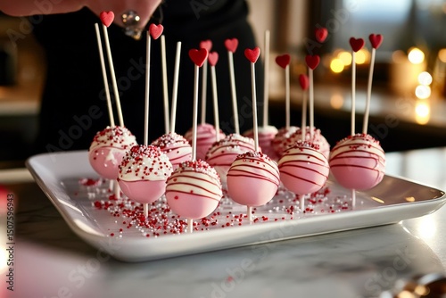 Delightful Cake Pops Decorated With Red Sprinkles on a White Platter in a Coz...