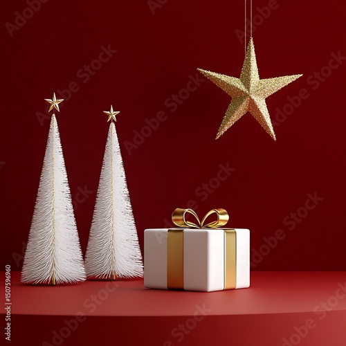 Festive christmas decor with white trees, gold star, and gift box. photo