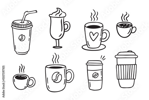 Coffee cups doodle set. coffee cup hand drawn line signs. Outline coffee cups