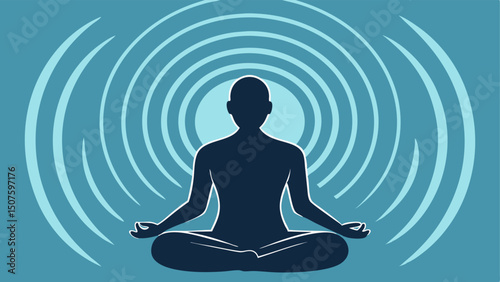 Meditating Figure with Waves A silhouette of a person meditating with radiating waves around them symbolizing mindfulness and mental wellbeing.