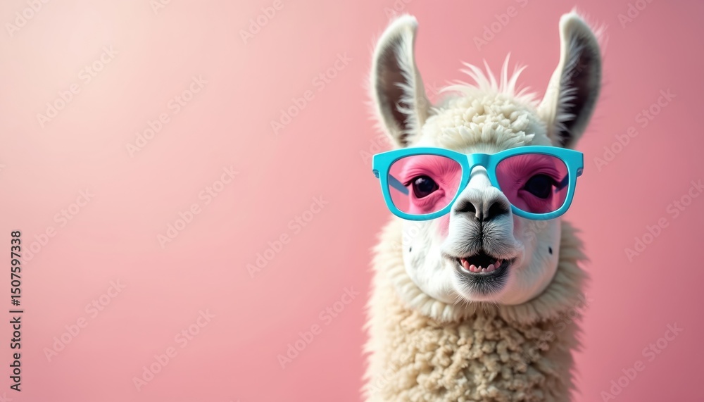 Fototapeta premium Charming llama wears fashionable sunglasses. Pastel pink background. Playful, trendy animal concept. Great commercial, editorial use. Surreal, whimsical image for advertising, marketing, social media.