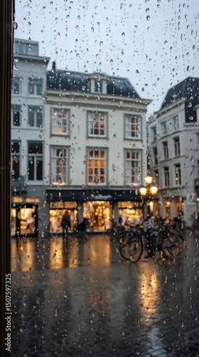 Rainy Evening in a Quaint Shopping District With Reflections on Wet Streets