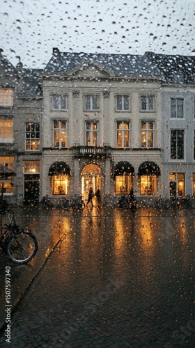 Rainy Evening in a Quaint Shopping District With Reflections on Wet Streets