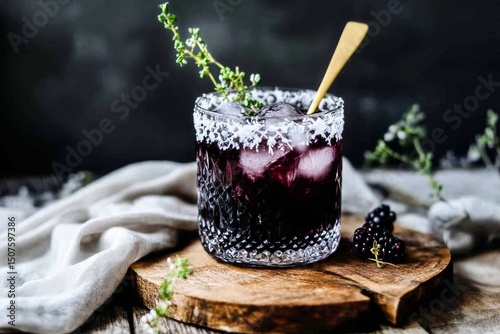 Refreshing Blackberry Cocktail With Herbs on a Rustic Wooden Board in a Cozy ...
