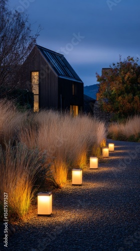 Pathway Illuminated by Soft Lights Leads to Modern House at Dusk in a Serene ...