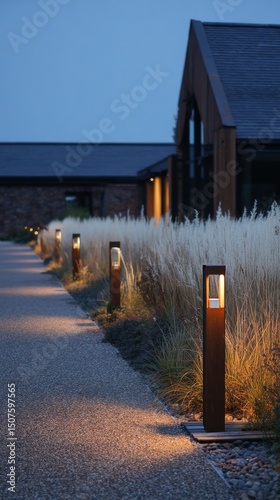 Pathway Illuminated by Soft Lights Leads to Modern House at Dusk in a Serene ...