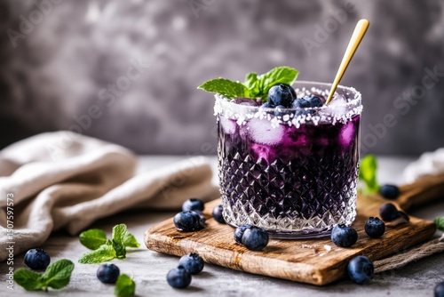 Refreshing Dark Berry Cocktail Garnished With Mint on Wooden Board