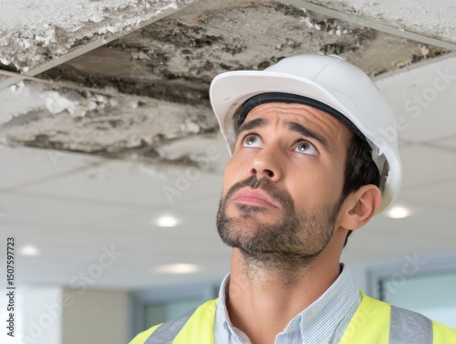 Construction worker inspecting water damaged ceiling, looking concerned about mold and leaks.