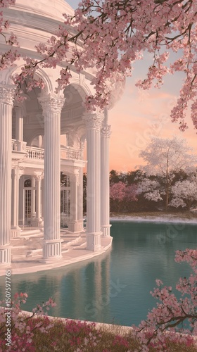 Spring Blooms Surround Elegant Gazebo by Tranquil Lake at Sunset