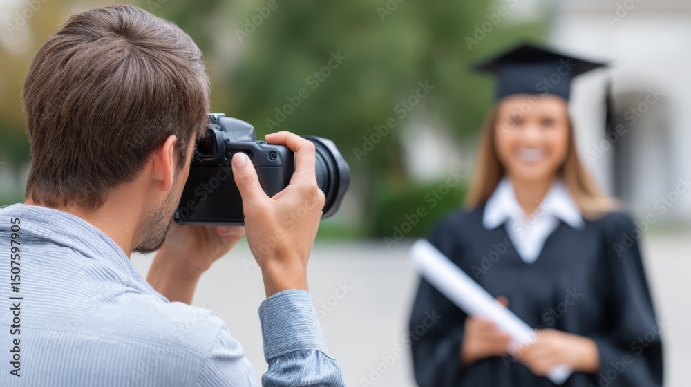 Man taking photo of blurred graduating student holding diploma, the photographer captures a special moment.