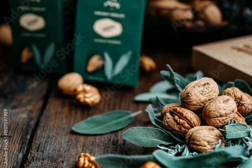 Freshly Harvested Walnuts Arranged on Wooden Table With Green Leaves and Pack...