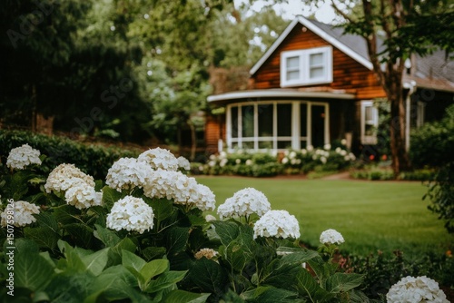 Beautiful Garden With Hydrangeas and a Charming Wooden House in a Tranquil Ne...