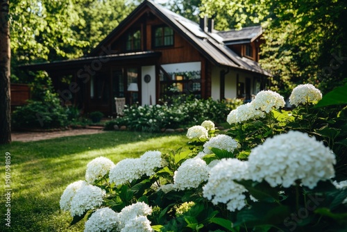 Beautiful Garden With Hydrangeas and a Charming Wooden House in a Tranquil Ne...