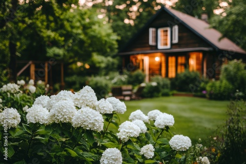 Cozy Wooden House Surrounded by Blooming Flowers in the Tranquil Evening Light