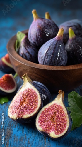Fresh Figs Arranged Beautifully in a Wooden Bowl With Vibrant Blue Background