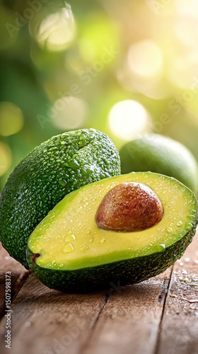 Freshly Cut Avocado on Wooden Table With Natural Sunlight Shining in Garden