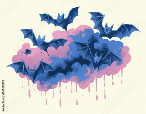 Bats Flying in Blue and Pink Cloud Illustration