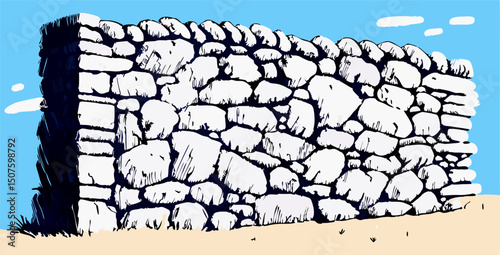 Dry Stone Wall Illustration, Rustic Stonework, Architectural Drawing