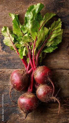 Freshly Harvested Beetroots With Green Leaves on Wooden Table